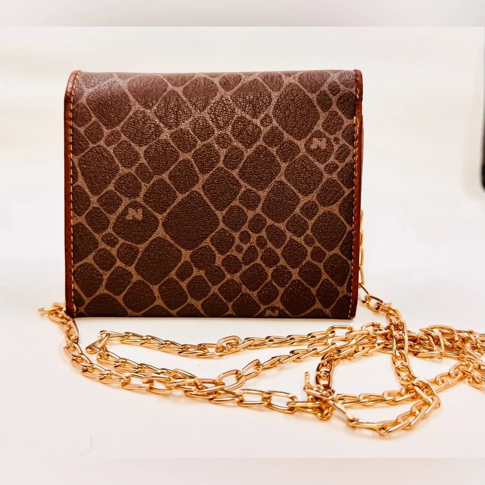 Nina Ricci Small Brown Leather Animal Print Wallet W/Optional Crossbody Chain - Picture 2 of 9